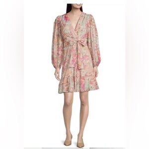Alex Marie Simone size 8 Pink Teal Floral Long Sleeve Tiered Dress Vneck